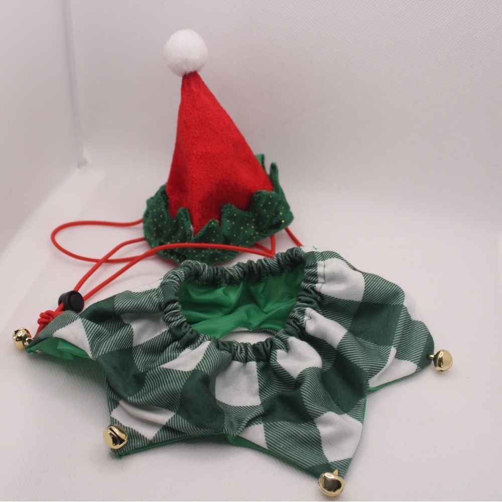 🍀 3/$15 - Festive Green and Red Elf Hat and Collar Set for Small Animals or Cats